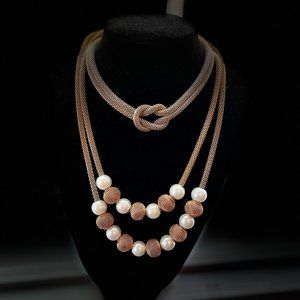 Betsy Johnson Signed Gold Mesh and  Pearl necklace and a gold mesh knot necklace